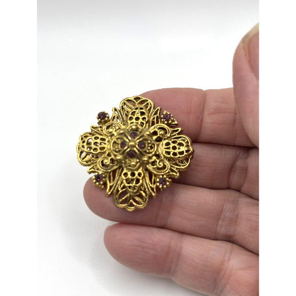 Vintage Filigree Rhinestone Brooch Bronze Purple J1-3012 - Picture 6 of 8